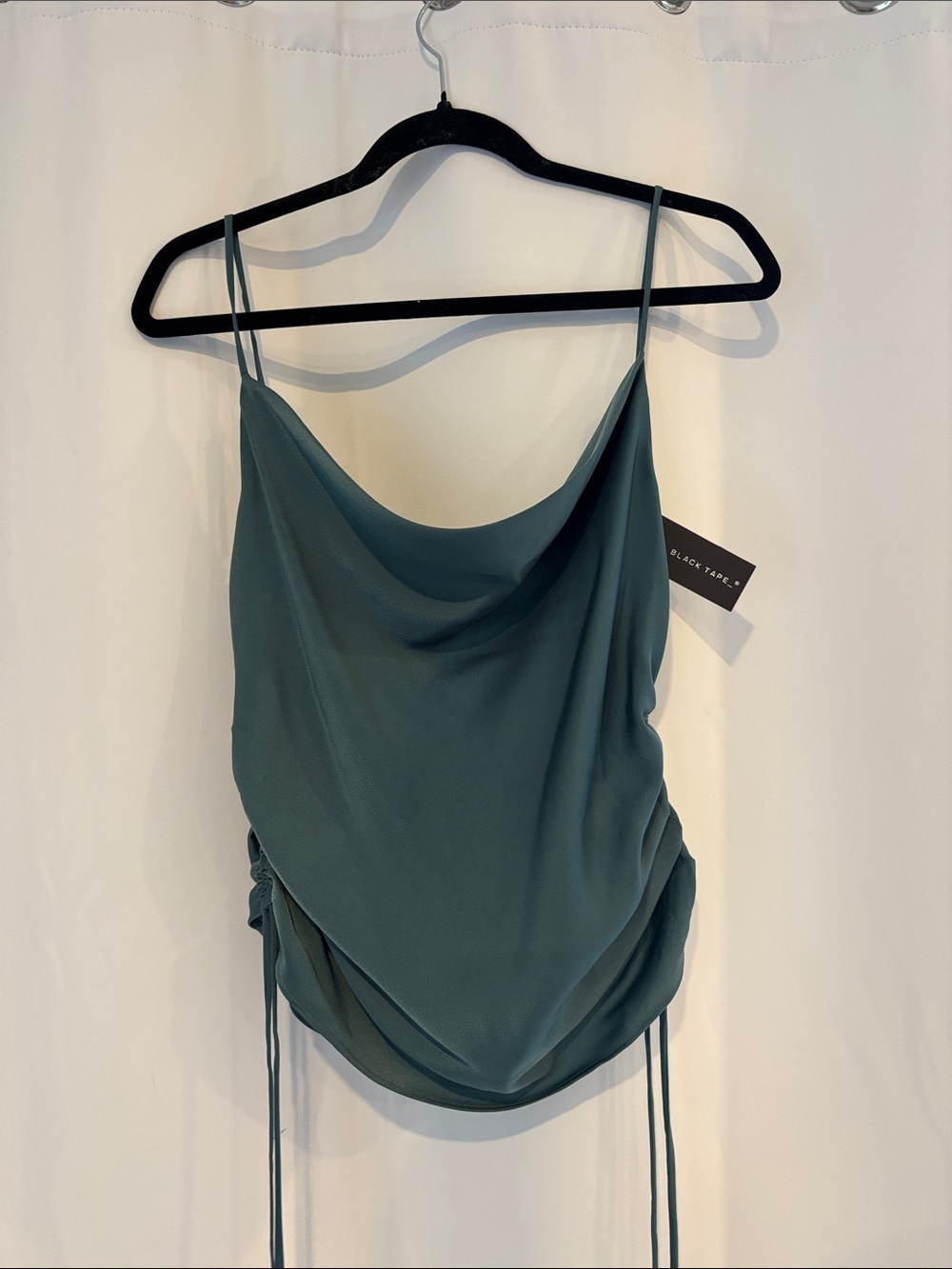 Black Tape_ Teal Draped Cowl Neck Silky Camisole